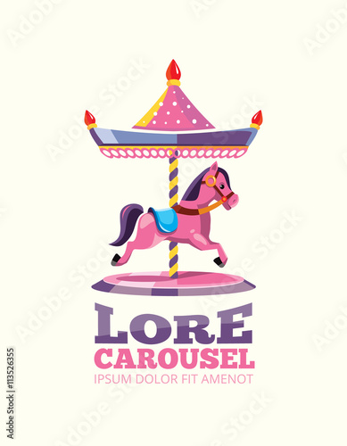 Retro carousel with one pink horse isolated on light background.