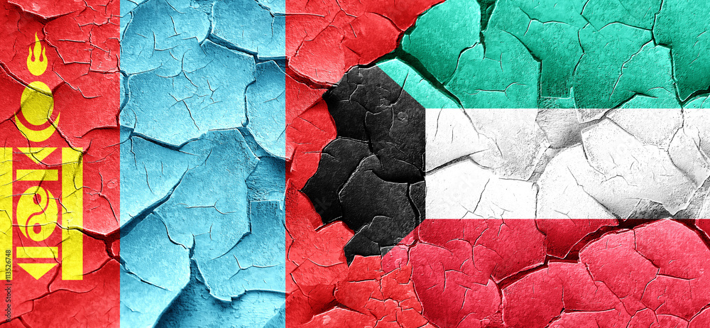 Mongolia flag with Kuwait flag on a grunge cracked wall Mongolia flag with Kuwait flag on a grunge cracked wall