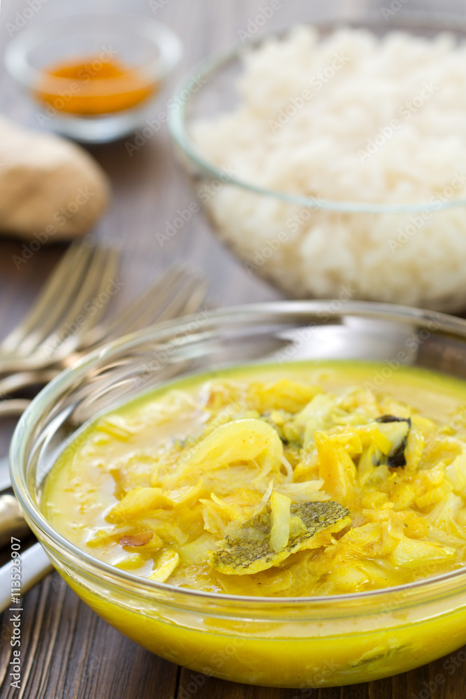 cod fish curry in bowl and boiled rice cod fish curry in bowl and boiled rice