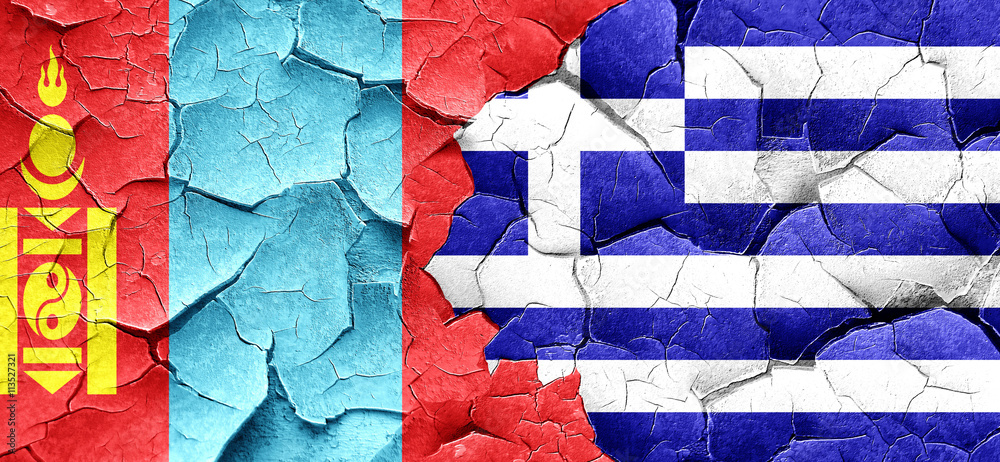 Mongolia flag with Greece flag on a grunge cracked wall