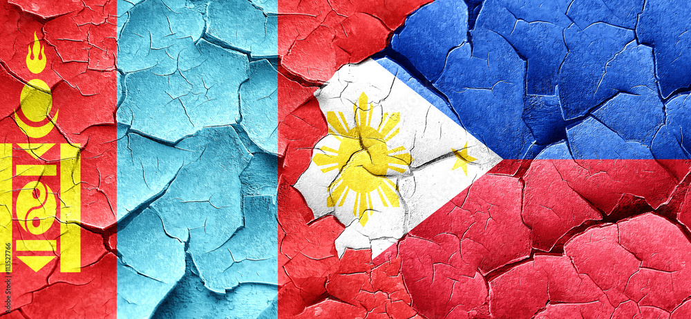 Mongolia flag with Philippines flag on a grunge cracked wall