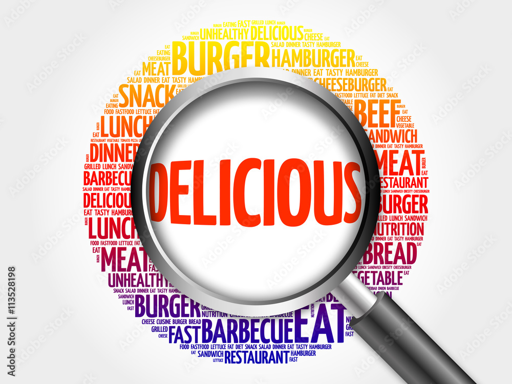 DELICIOUS word cloud with magnifying glass, food concept 3D illustration DELICIOUS word cloud with magnifying glass, food concept 3D illustration