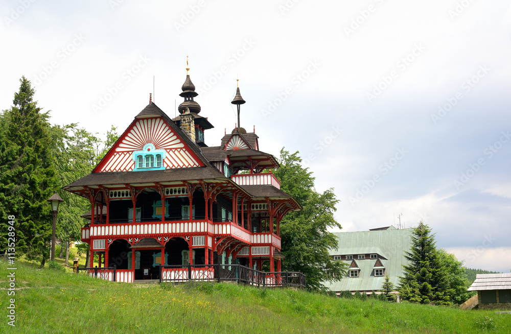 Pustevny, Beskids mountains, Czech republic / Czechia - beautiful and picturesque timbered cottage in style of slavic folk secession
