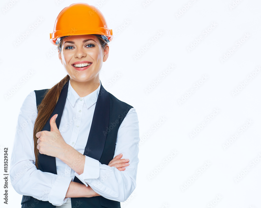Woman builder in business suit show thumb up. Woman builder in business suit show thumb up.