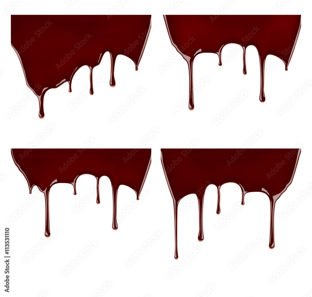 Set of melted chocolate syrup leaking on white background. Vector illustration