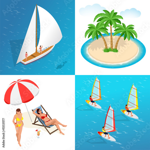 Summer concept of sandy beach. Idyllic travel background. Flat 3d vector isometric illustration.