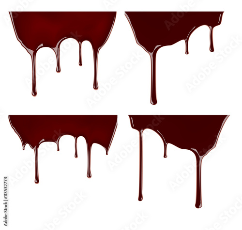 Set of melted chocolate syrup leaking on white background. Vector illustration