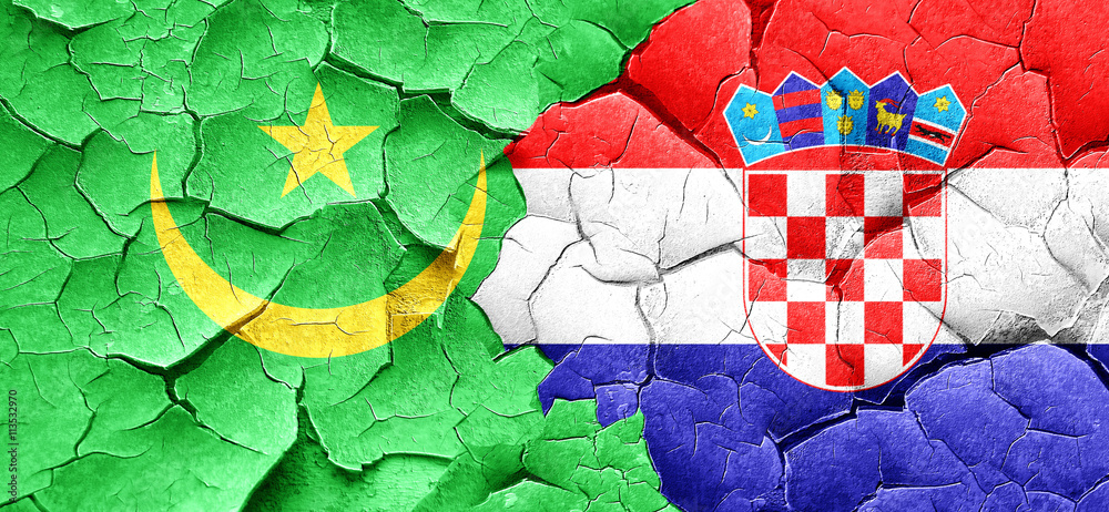 Mauritania flag with Croatia flag on a grunge cracked wall Mauritania flag with Croatia flag on a grunge cracked wall
