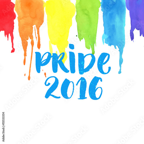Pride 2016 banner with brush lettering and rainbow watercolor paint strokes. Artistic texture of gay symbol. Vector background.