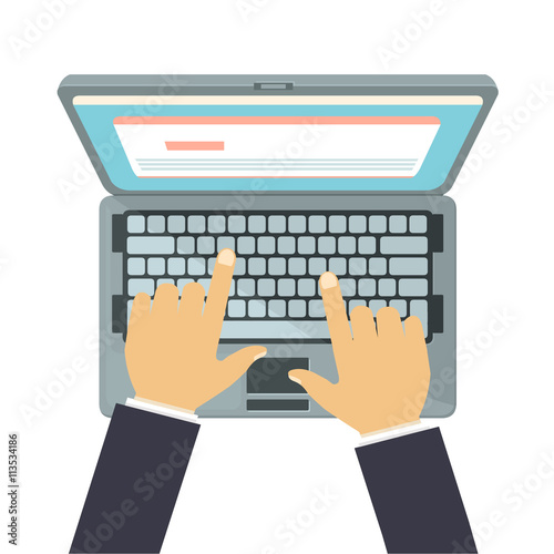 Vector illustration of a man working on a laptop icon. 
Internet icon of business man working on office PC computer. 