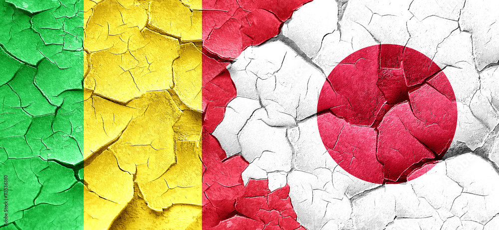 Mali flag with Japan flag on a grunge cracked wall