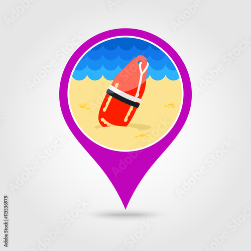 Torpedo lifeguard buoy pin map icon. Summer