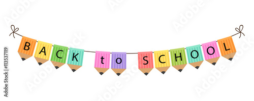 Cute multicolored bunting flags with words Back to School isolated on white background