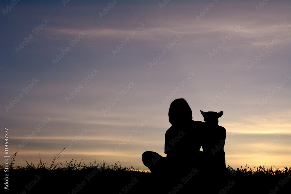 Silhouette women and dog with at sky sunset Silhouette women and dog with at sky sunset