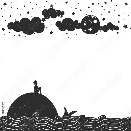Photography Man silhouette sitting on a whale and looking at the moon
