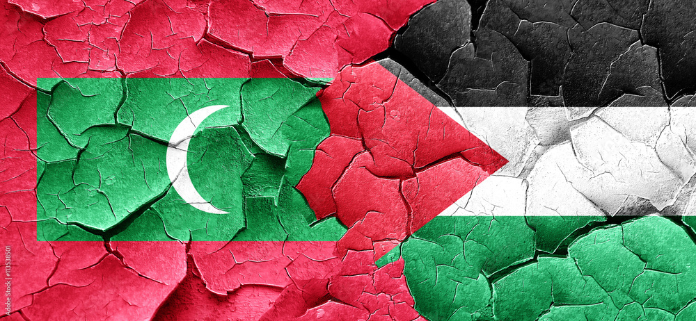 Maldives flag with Palestine flag on a grunge cracked wall