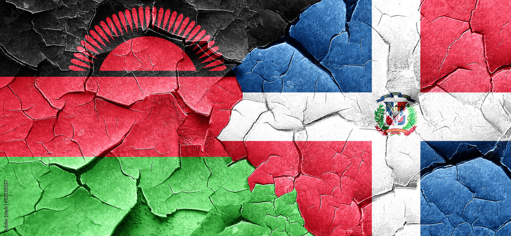 Malawi flag with Dominican Republic flag on a grunge cracked wal