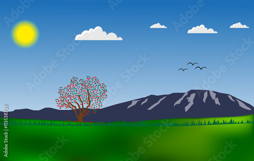 A mountain adorned with fluffy clouds, while graceful birds soar above. Two color falling leaves, one red and one green, symbolize the beauty of change and the promise of a vibrant future.