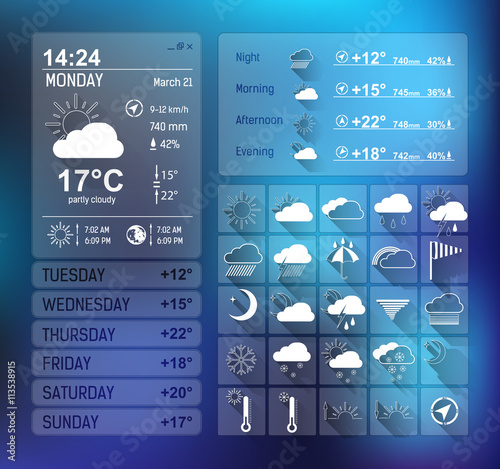 Set of weather icons and widget template on blurred background