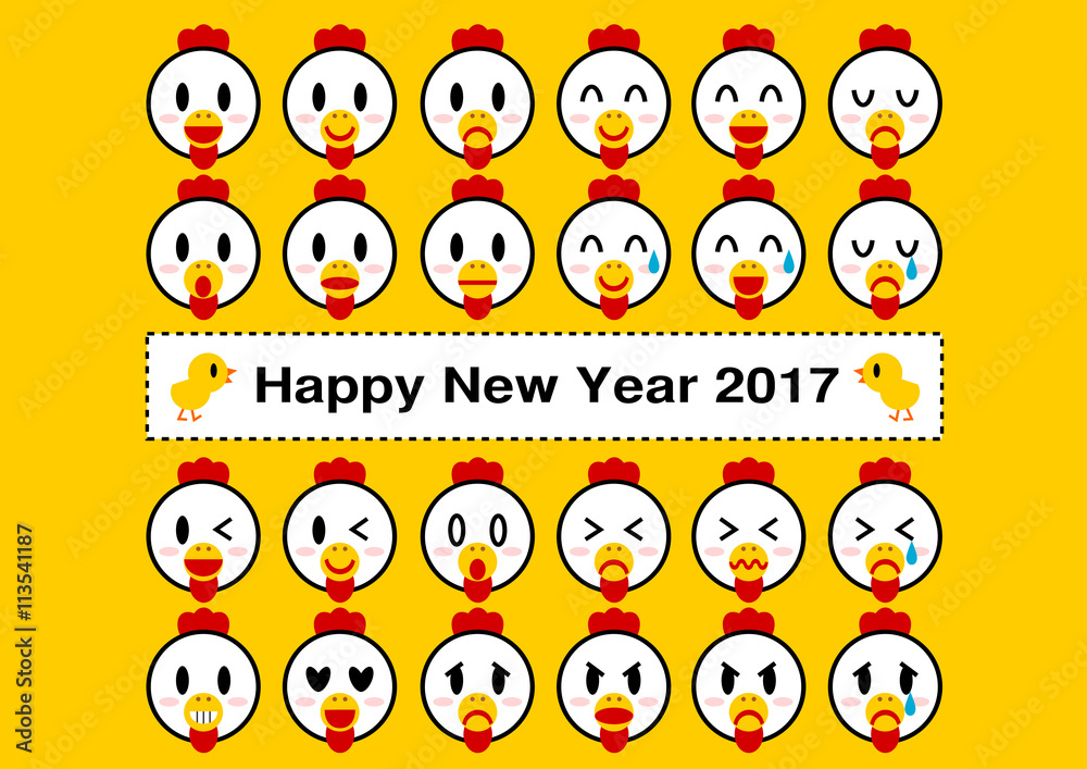 Obraz premium 2017年酉年の年賀状イラスト: ニワトリの顔アイコン