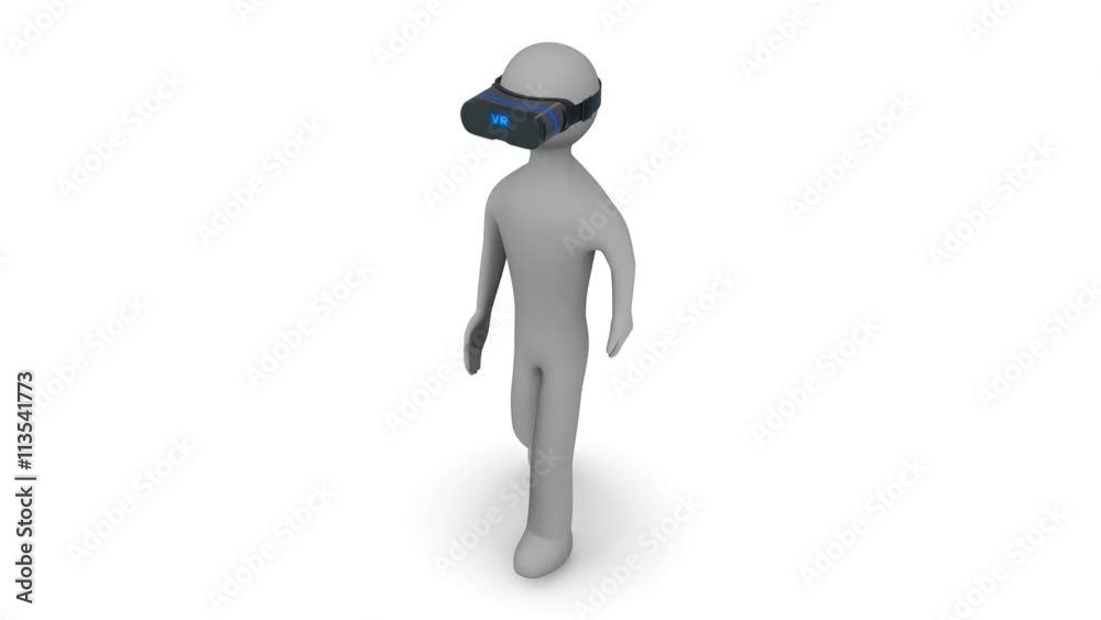 Circling the camera around 3d man walking in a virtual reality headset. Loop. Circling the camera around 3d man walking in a virtual reality headset. Loop.