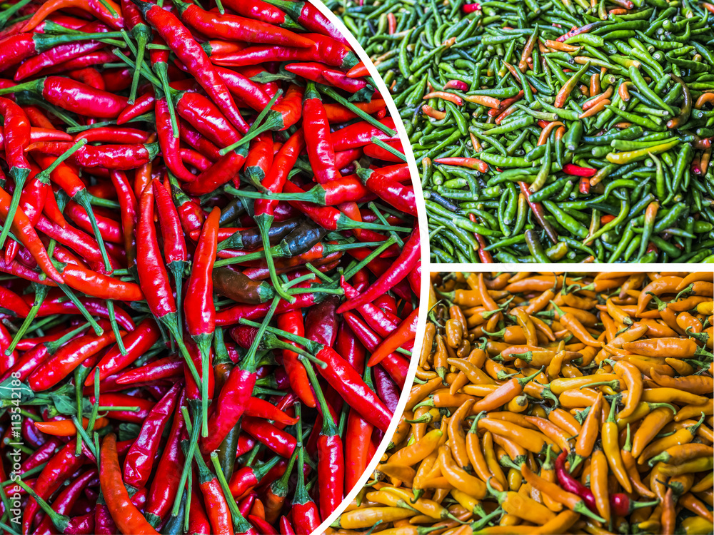 Naklejka premium Collage of red green and yellow paprica.