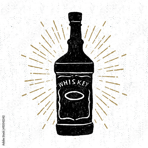 Hand drawn icon with a textured whiskey bottle vector illustration.