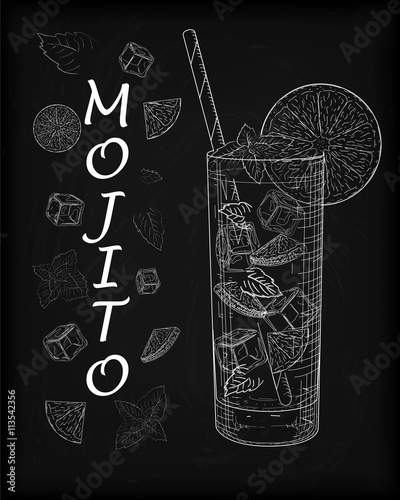 Nice mojito of ice cold glass on a black background. Soda with w