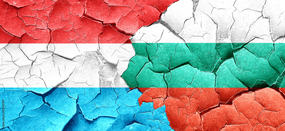 Luxembourg flag with Bulgaria flag on a grunge cracked wall