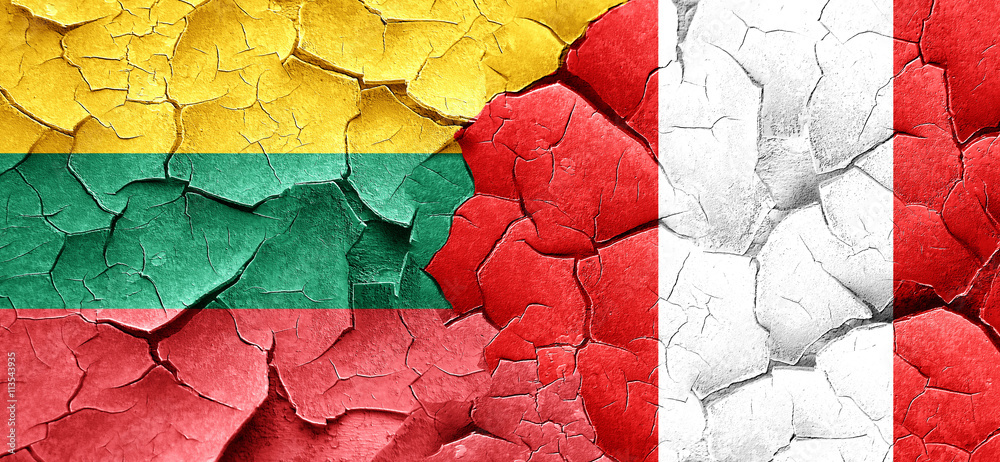 Lithuania flag with Peru flag on a grunge cracked wall