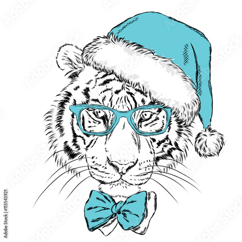 Fototapeta Naklejka Na Ścianę i Meble -  Tiger in Christmas hat and sunglasses. Print on a postcard or poster. Vector illustration. Holiday card. New Year's and Christmas. Santa Claus.