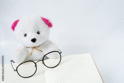 bear and glasses on opened notebook in white backgrond