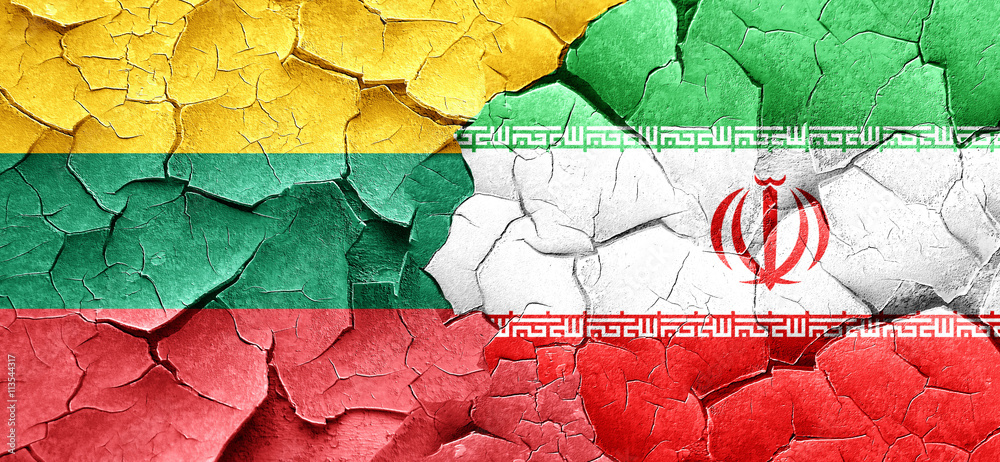 Lithuania flag with Iran flag on a grunge cracked wall