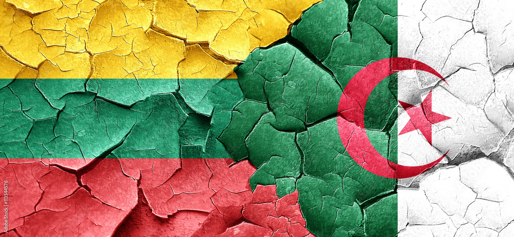 Lithuania flag with Algeria flag on a grunge cracked wall
