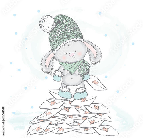 Cute hare standing on a pile of letters. Vector illustration for greeting card, poster, or print on clothes. Cute rabbit in a hat and boots.