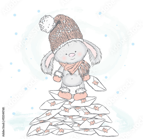 Cute hare standing on a pile of letters. Vector illustration for greeting card, poster, or print on clothes. Cute rabbit in a hat and boots.