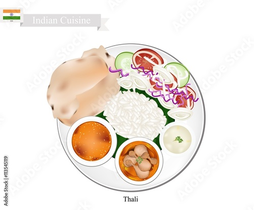 Thali or Indian Steamed Rice, Flatbread and Curry Soup