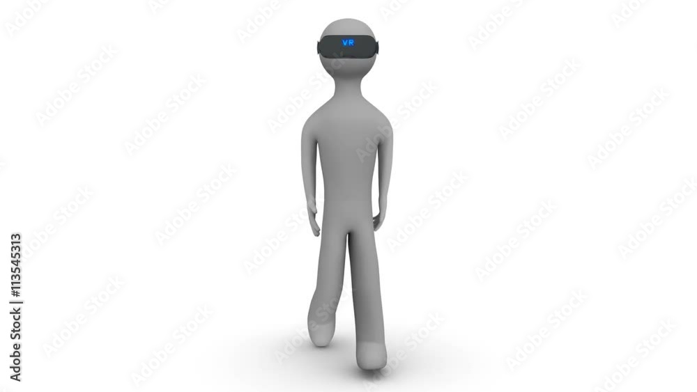 3d man walking in a virtual reality headset on white and transparent background. Loop. 3d man walking in a virtual reality headset on white and transparent background. Loop.