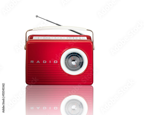 Red Retro Vintage Radio with reflection on white