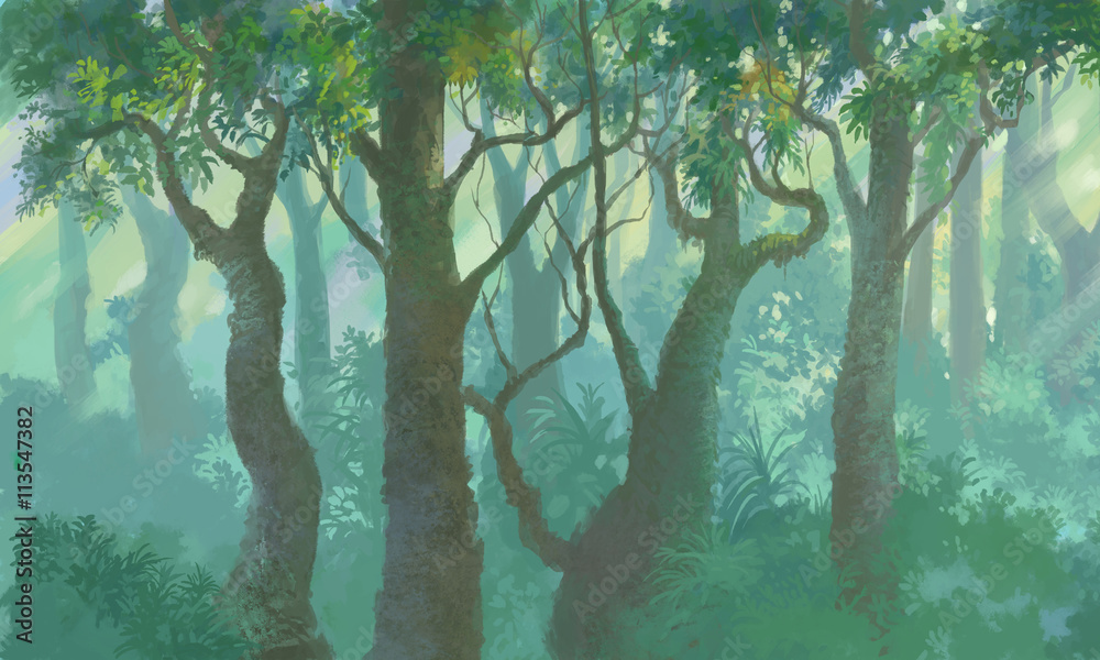 Naklejka premium wewnątrz lasu tło malowane ilustracji
