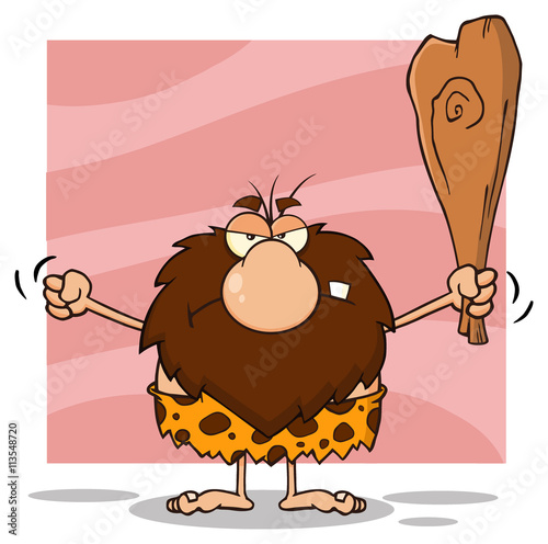 Grumpy Male Caveman Cartoon Mascot Character Holding Up A Fist And A Club. Illustration Isolated On Pink Background