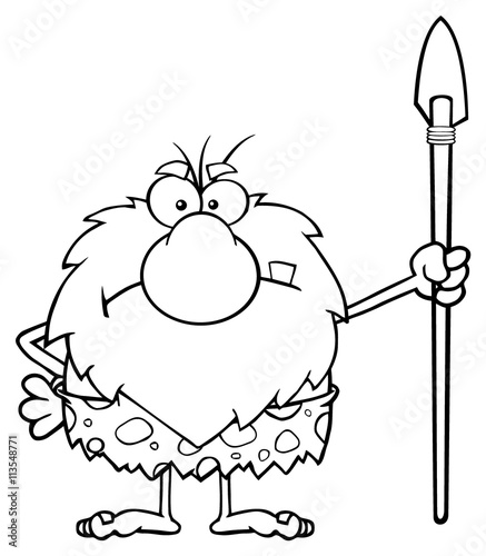 Black And White Angry Male Caveman Cartoon Mascot Character Standing With A Spear