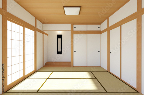 Empty Japanese living room interior in traditional and minimal design with Tatami mat floor and Japanese Shoji door, empty room interior, 3D rendering photo
