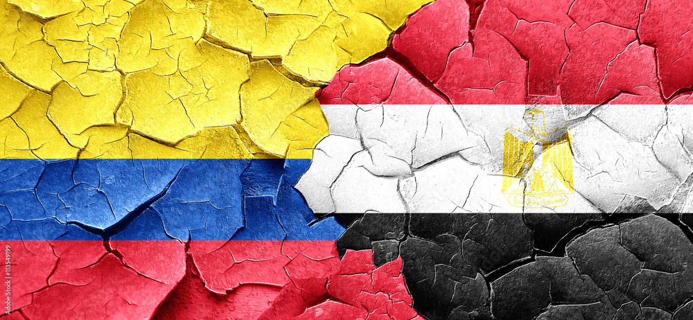 Colombia flag with egypt flag on a grunge cracked wall