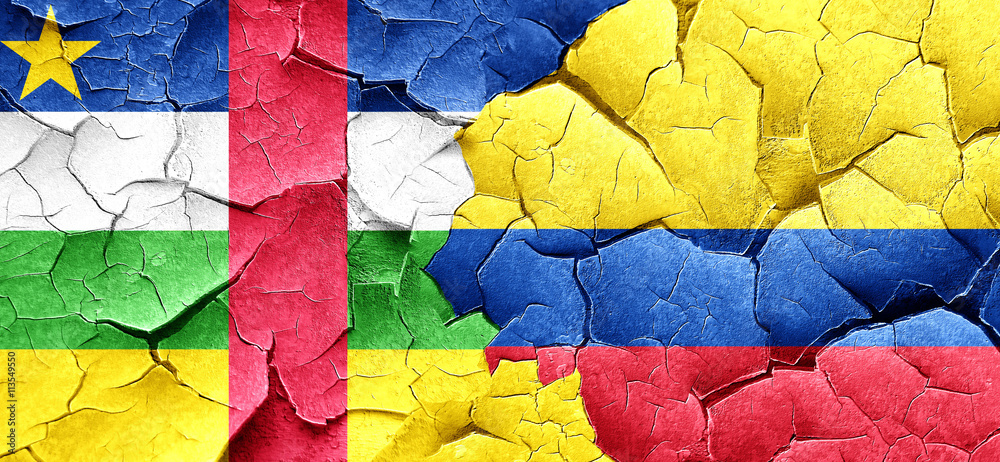 Central african republic flag with Colombia flag on a grunge cra
