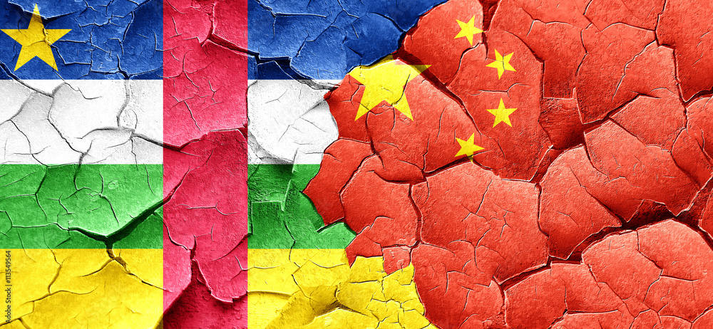 Central african republic flag with China flag on a grunge cracke