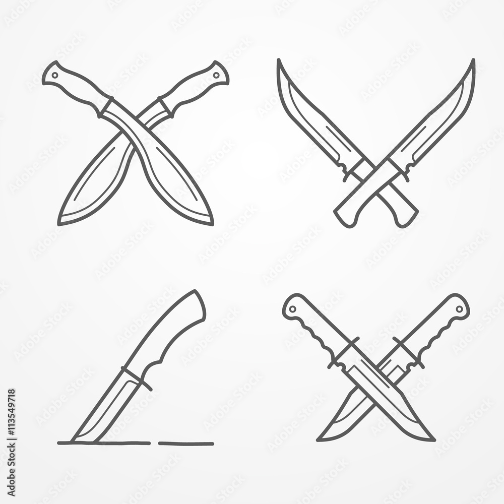 Collection of crossed army knives, line logo set, typical combat knife, crossed knives samples, stock knife vector illustration Collection of crossed army knives, line logo set, typical combat knife, crossed knives samples, stock knife vector illustration