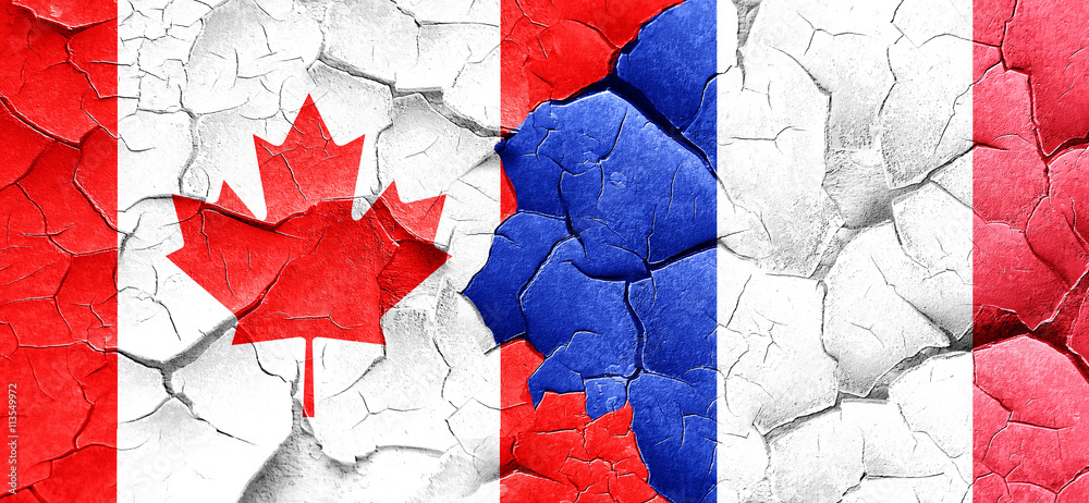 Canada flag with France flag on a grunge cracked wall