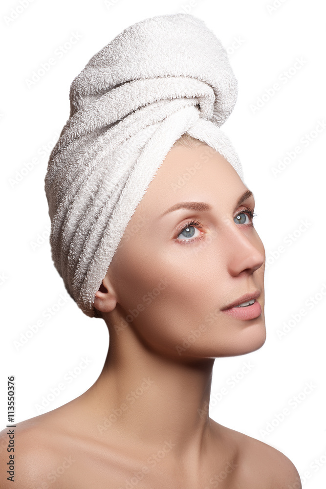 Spa grl. Beautiful young woman after bath. Perfect skin. Skincar