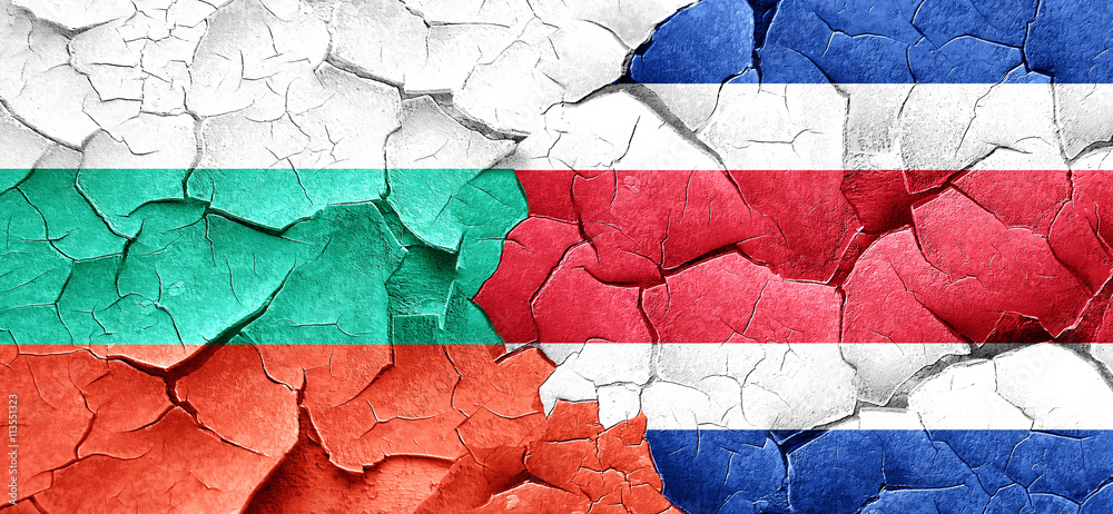 bulgaria flag with Costa Rica flag on a grunge cracked wall